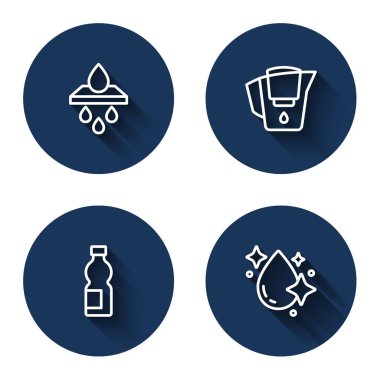 Su filtresi kartuşu, sürahi, bir şişe su ayarlayın ve uzun gölgeli bırakın. Mavi daire düğmesi. Vektör