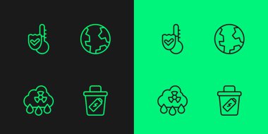 Çöp tenekesi, asit yağmuru radyoaktif bulut, termometre ve Dünya ikonu. Vektör