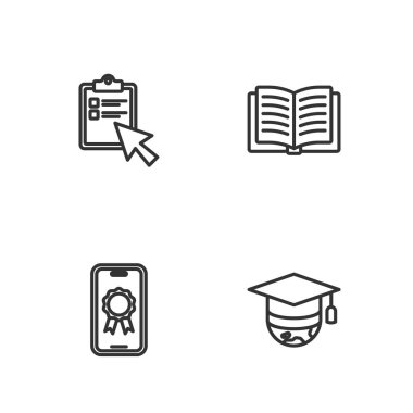 Online eğitim, diploma, sınav, test, araştırma ve açık kitap ikonu ile dünya çapında mezuniyet başlığı belirleyin. Vektör