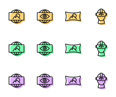 Geniş açı görüntüsü, elektronik göz ve sanal gerçeklik gözlüğü ikonu. Vektör