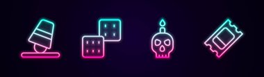 Oyun yüksükleri, zarlar, kurukafa ve sirk biletlerinde yanan mumlar. Parlayan neon ikonu. Vektör
