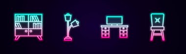 Kütüphane kitaplığı, yer lambası, ofis masası ve sandalye ayarla. Parlayan neon ikonu. Vektör