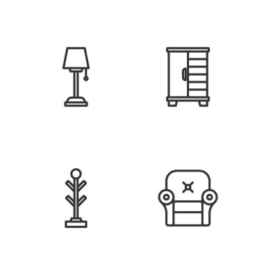 Hat koltuğu, palto standı, yer lambası ve kostüm ikonu. Vektör