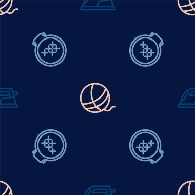 Hat elektrikli ütü, yuvarlak işlemeli nakış halkası ve iplik topunu dikişsiz desene ayarlayın. Vektör