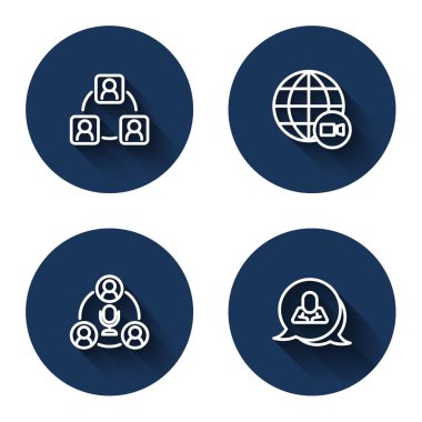 Görüşmeyi ayarla, görüntülü sohbet konferansı ve uzun gölgeli konuşma balonu. Mavi daire düğmesi. Vektör