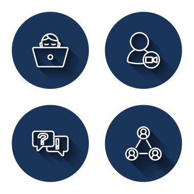 Freelancer 'ı ayarla, görüntülü sohbet konferansı, Soru ve Yanıt ve uzun gölgelerle buluşma. Mavi daire düğmesi. Vektör