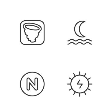 Güneş enerjisi panelini, pusulayı kuzeye, hortumu ve gece sis dumanı ikonunu ayarlayın. Vektör