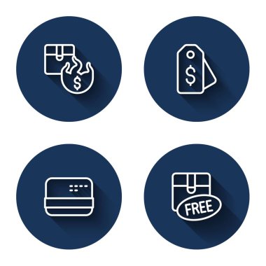 Hattı belirle Sıcak Fiyat, Dolarlı Fiyat etiketi, Kredi kartı ve uzun gölgeli karton kutu sembolü. Mavi daire düğmesi. Vektör