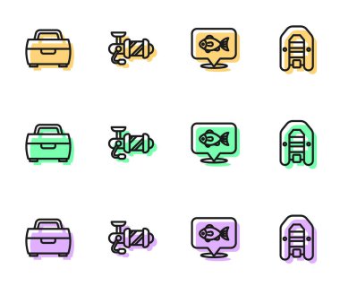 Olta atma, çanta ya da ekipman için kutu, makaralı makaralar ve motor ikonlu şişme bot ayarlayın. Vektör