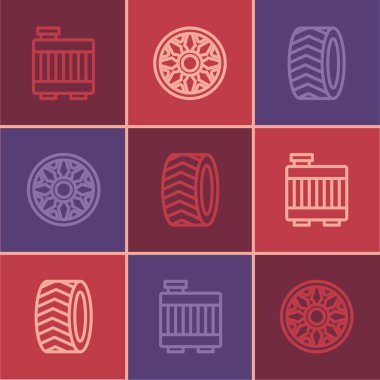 Araba radyatörü soğutma sistemi, tekerlek ve araba ikonu için alçı ayarlayın. Vektör