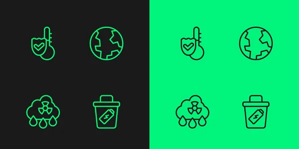 Set Line Mülleimer Säureregen Radioaktive Wolke Thermometer Und Erdkugel Symbol — Stockvektor
