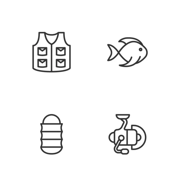 Встановіть Лінію Спінінг Котушки Риболовлі Рибальської Сітки Піджака Іконки Векторні — стоковий вектор