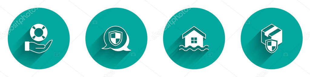 Set Lifebuoy in hand, Shield, House flood and Delivery security with shield icon with long shadow. Vector
