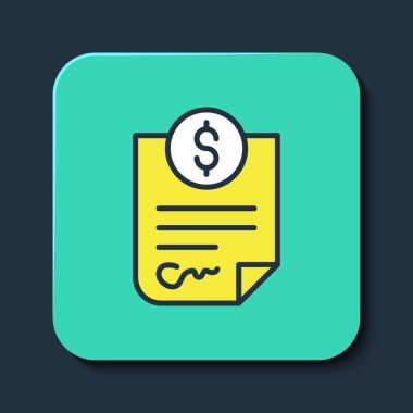 Doldurulmuş taslak para simgesi mavi arkaplanda izole edildi. Bankacılık belgeleri dolar finans para sayfası. Turkuaz kare düğme. Vektör