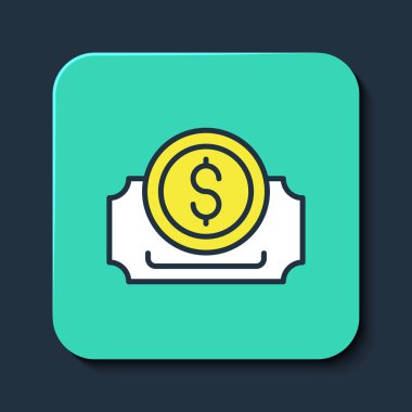 Doldurulmuş Sinema bileti simgesi mavi arkaplanda izole edildi. Turkuaz kare düğme. Vektör