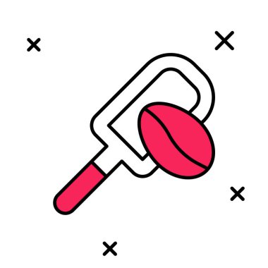 Beyaz arka planda izole edilmiş Spatula ana hatlarıyla kahve tanecikleriyle dolu. Kahve çekirdeği. Vektör