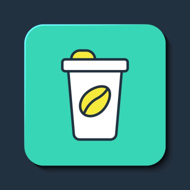 Mavi arka planda izole edilmiş bir kahve bardağını doldurdum. Turkuaz kare düğme. Vektör