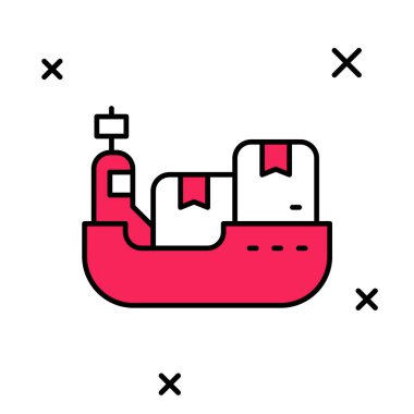 Ana hatlı kargo gemisi beyaz arkaplanda izole edilmiş kutu teslim servis simgesi ile dolduruldu. Teslimat, ulaşım. Paketleri, kutuları, malları olan bir şilep. Vektör