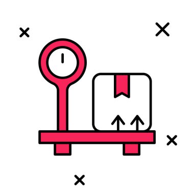 Beyaz arkaplanda izole edilmiş karton kutu simgesi ile ana hatları doldurulmuş. Lojistik ve teslimat. Dağıtım paketinin ağırlığı bir ölçekte. Vektör