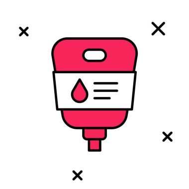 Doldurulmuş IV çanta simgesi beyaz arkaplanda izole edildi. Kan torbası. Kan bağışı konsepti. Tedavi ve terapi kavramı, kemoterapi. Vektör