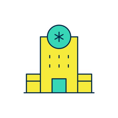 Tıbbî hastane binası beyaz arka planda izole edilmiş çapraz ikonla dolu. Tıp merkezi. Sağlık hizmetleri. Vektör