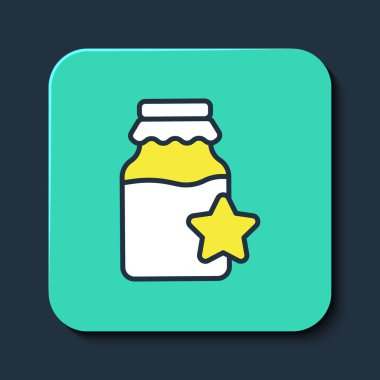 Mavi arkaplanda izole edilmiş bal ikonu ana hatlarıyla dolu kavanoz. Yiyecek bankası. Tatlı doğal gıda sembolü. Turkuaz kare düğme. Vektör