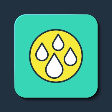 Doldurulmuş ana hatlı su bırakma simgesi mavi arkaplanda izole edildi. Turkuaz kare düğme. Vektör