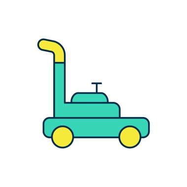 Doldurulmuş çim biçme makinesi simgesi beyaz arkaplanda izole edildi. Çim biçme makinesi çim biçiyor. Vektör