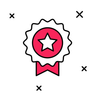 Beyaz arkaplanda izole edilmiş yıldız ikonu ile ana hatları doldurulmuş. Kazanan başarı işareti. Ödül madalyası. Vektör