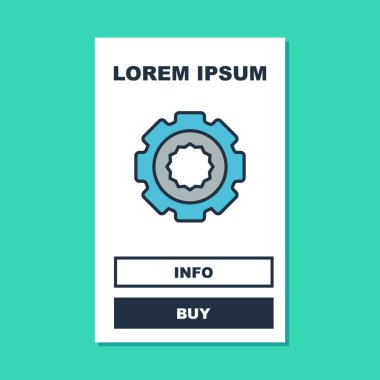 Doldurulmuş ana hatlı Gear simgesi turkuaz arka planda izole edildi. Çarklı teçhizat ayarları. İşçi sembolü. Vektör