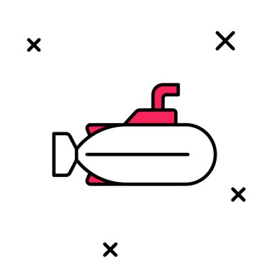 Beyaz arka planda izole edilmiş ana hatlı denizaltı simgesi. Askeri gemi. Vektör