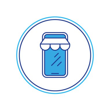 Çevrimiçi cep telefonu simgesinde internetten yapılan alışveriş beyaz arka planda izole edilmiş. İnternet dükkanı, mobil mağaza uygulaması ve faturalar. Vektör