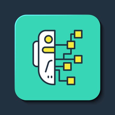 Doldurulmuş robot robot simgesi mavi arkaplanda izole edildi. Yapay zeka, makine öğrenme, bulut hesaplama. Turkuaz kare düğme. Vektör