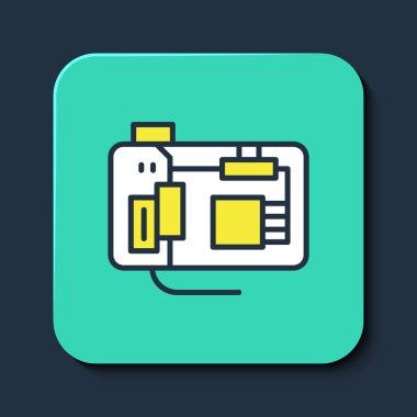 Elektronik bilgisayar bileşenleri ana kart dijital çip entegre bilim ikonu mavi arka planda izole edildi. Devre kartı. Turkuaz kare düğme. Vektör