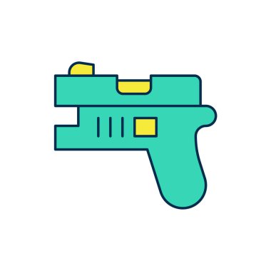 Beyaz arka planda izole edilmiş, ana hatlı Fütürist Uzay Silahı İmha ikonu. Lazer tabancası. Uzaylı silahı. Vektör