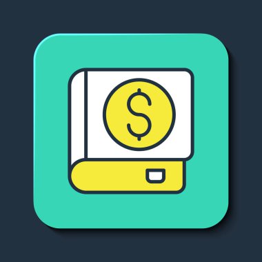 Finansal kitap ikonu mavi arka planda izole edildi. Turkuaz kare düğme. Vektör