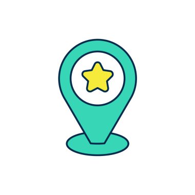 Beyaz arkaplanda izole edilmiş yıldız simgesiyle doldurulmuş harita göstergesi. Yıldız favori iğne haritası simgesi. Harita işaretleyicileri. Vektör