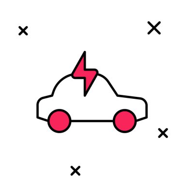 Elektrikli araba ve elektrik kablosu şarj ikonu beyaz arka planda izole edildi. Yenilenebilir ekolojik teknolojiler. Vektör