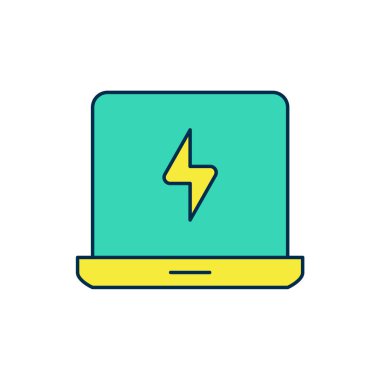 Doldurulmuş dizüstü bilgisayar simgesi beyaz arkaplanda izole edildi. Boş ekran işaretli bilgisayar defteri. Vektör