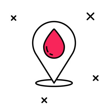 Beyaz arkaplanda izole edilmiş konum simgesiyle dolu ana hatlı su damlası. Vektör