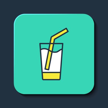 Mavi arka planda izole edilmiş su ikonu ile doldurulmuş cam. Soda bardağı. Turkuaz kare düğme. Vektör