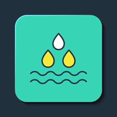 Doldurulmuş ana hatlı su bırakma simgesi mavi arkaplanda izole edildi. Turkuaz kare düğme. Vektör