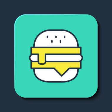 Doldurulmuş çizgili Burger simgesi mavi arkaplanda izole edildi. Hamburger ikonu. Çizburger sandviç tabelası. Fast food menüsü. Turkuaz kare düğme. Vektör