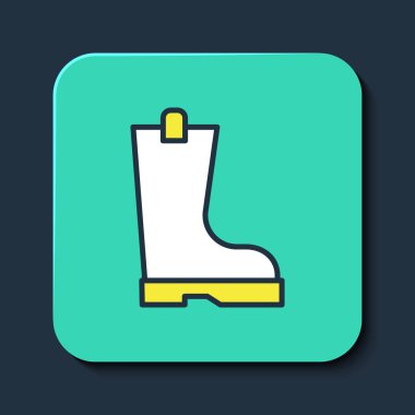 Mavi arka planda izole edilmiş su geçirmez lastik bot simgesi. Yağmurlu hava, balıkçılık, bahçe işleri için çizme. Turkuaz kare düğme. Vektör