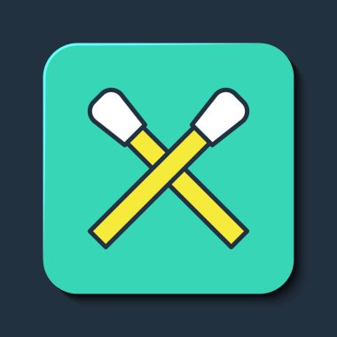 Mavi arkaplanda izole edilmiş ateş ikonu ile ana hatları yakma kibriti. Ateşle maç. Kibrit işareti. Turkuaz kare düğme. Vektör