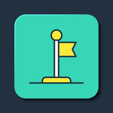 Doldurulmuş ana hat simgesi mavi arkaplanda izole edildi. Zafer, kazanmak ve zorluk konseptini fethetmek. Turkuaz kare düğme. Vektör