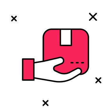 Beyaz arkaplanda izole edilmiş karton kutu simgesiyle ana hatları doldurulmuş teslimat eli. Kuryeyle kapı kapı dolaşacağız. Vektör