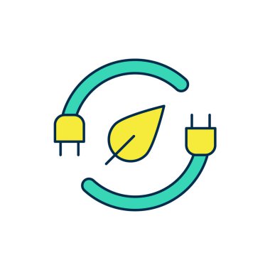 Beyaz arkaplanda izole edilmiş yaprak simgesindeki elektrik kaydedilen fiş. Elektrik tasarrufu. Çevresel koruma. Biyolojik enerji. Vektör