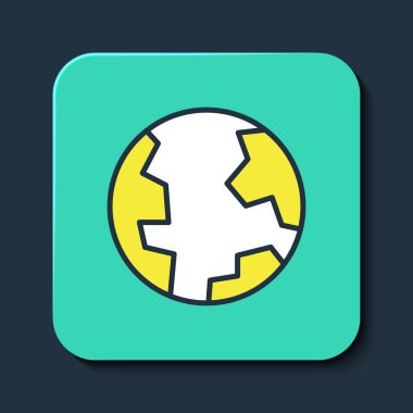 Mavi arka planda izole edilmiş, ana hatlı Dünya ikonu. Dünya ya da Dünya işareti. Küresel internet sembolü. Geometrik şekiller. Turkuaz kare düğme. Vektör