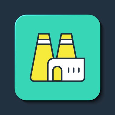 Doldurulmuş fabrika üretim ikonu mavi arka planda izole edildi. Endüstriyel bina. Turkuaz kare düğme. Vektör